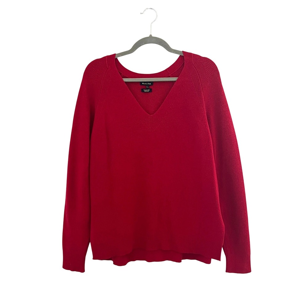 Massimo Dutti Wool Blend V Neck Red Knit Sweater Italian Yarn Womens L - Picture 2 of 9